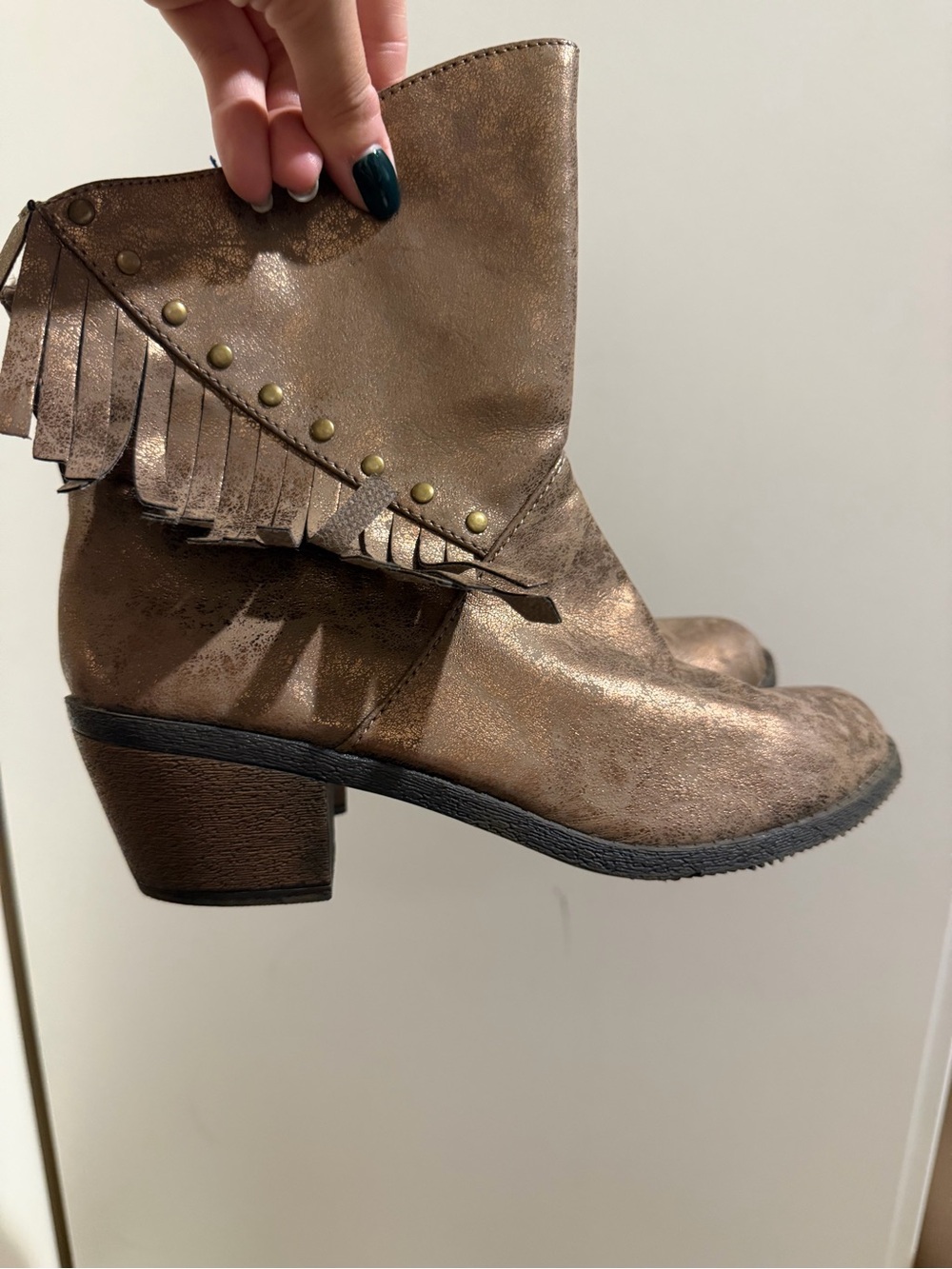 Fringed Metallic Brown Ankle Boots - Women's